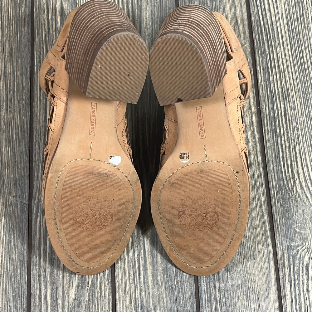 Vince Camuto Lanaira Sandals Womens 8.5 Tan Leather Cage Block Heel Gladiators - Picture 7 of 10